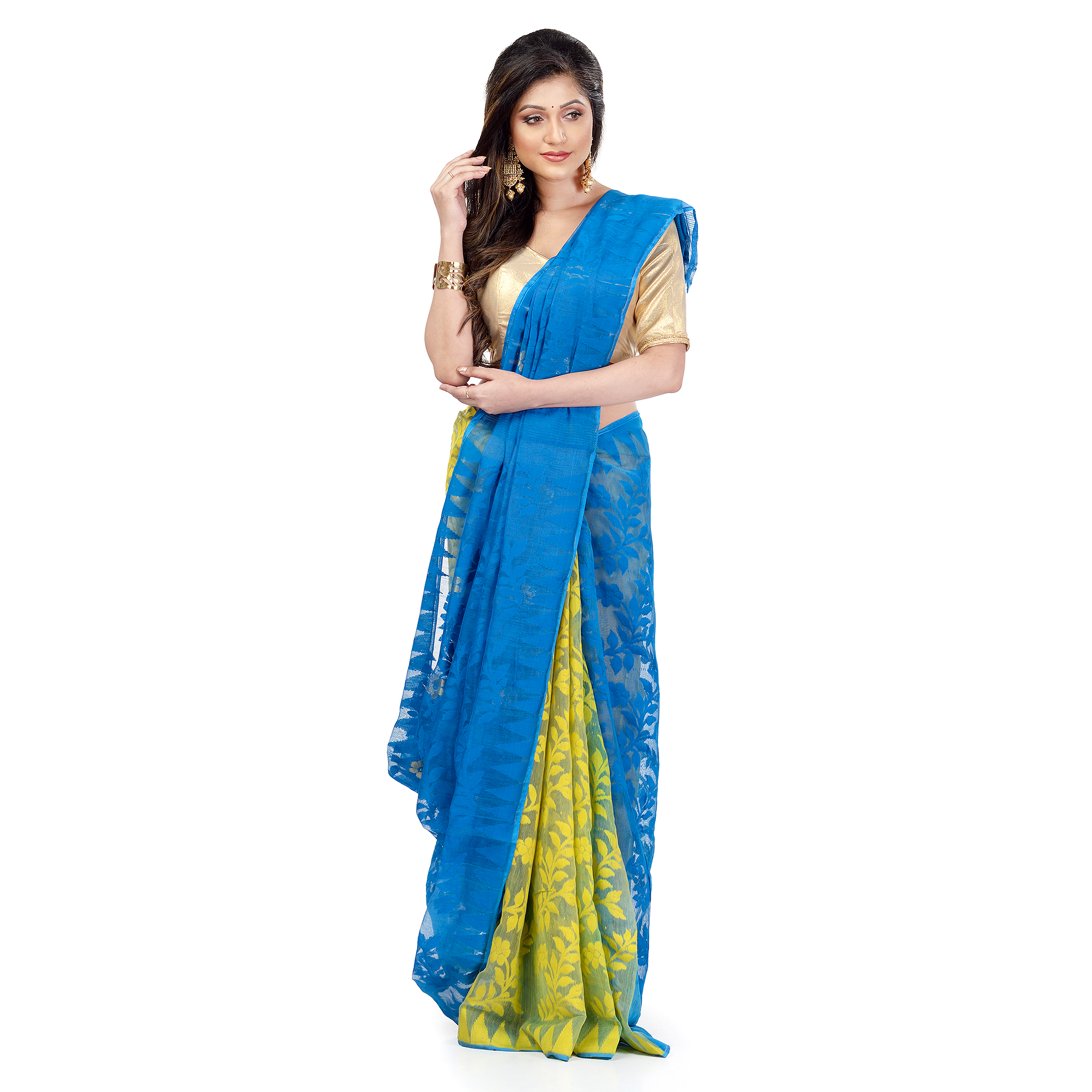 Traditional Bengal Handloom Tant Dhakai Jamdani Cotton Saree Whole Body Design(Blue Yellow)